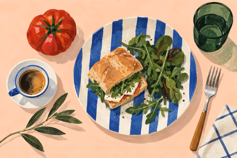 Illustration of a sandwich, coffee and a striped plate